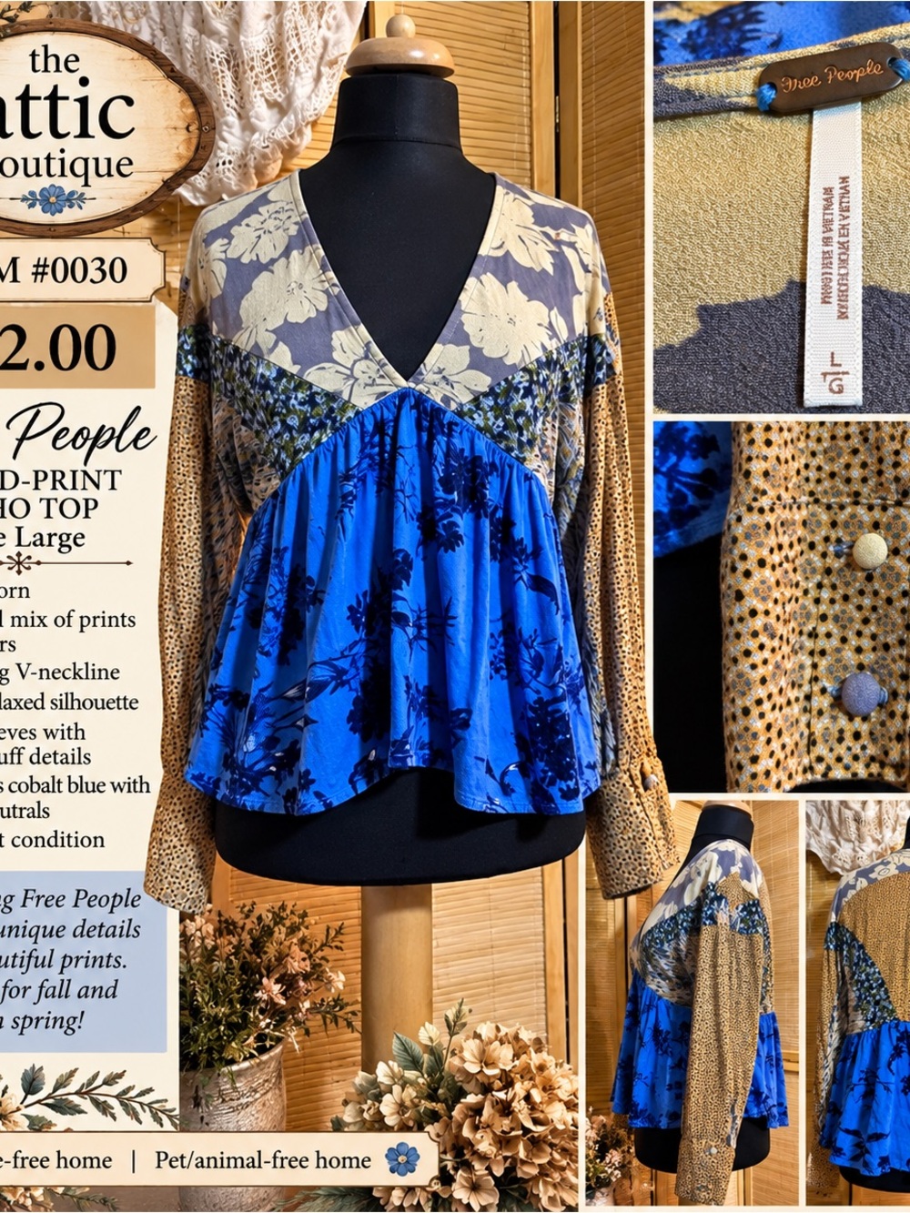 Free People Cobalt Blue and Beige Mixed-Print V-Neck Tunic